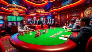 Engaging casino scene featuring kkwin.in poker activity with chips, roulette, and slot machines.