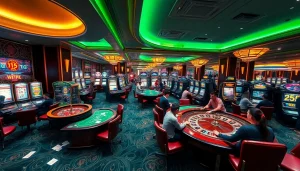 Khela88 bet enhances the excitement with players enjoying roulette and poker in a luxurious casino.