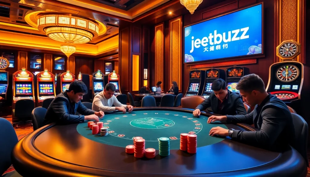 Experience the thrill of jeetbuzz ক্যাসিনো with luxurious poker tables and vibrant gaming visuals.