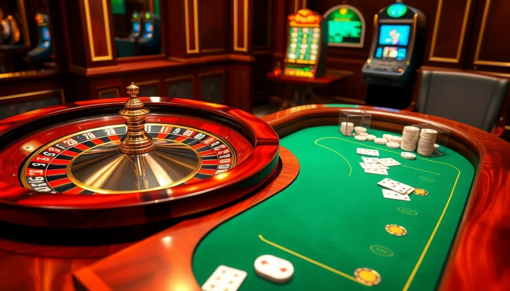 The lively casino scene showcasing nhà cái shbet with poker chips and roulette wheel elements.