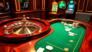 The lively casino scene showcasing nhà cái shbet with poker chips and roulette wheel elements.