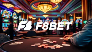 Experience thrilling gambling action at F8BET with players enjoying poker and modern slot machines.