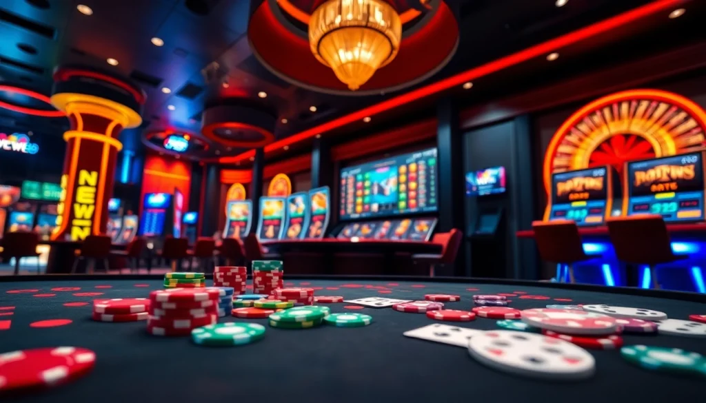 Experience the excitement of NEW88 with vibrant casino scenes, poker chips, and roulette wheels.