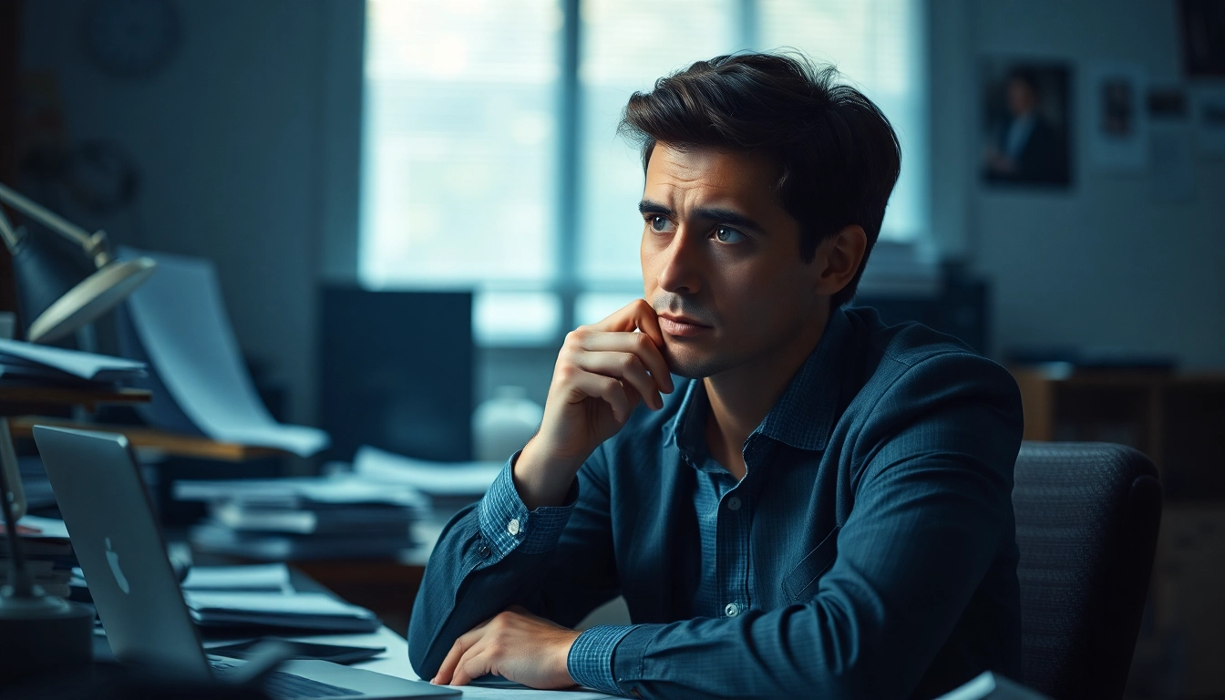Person grappling with brain fog while surrounded by chaotic workspace elements.