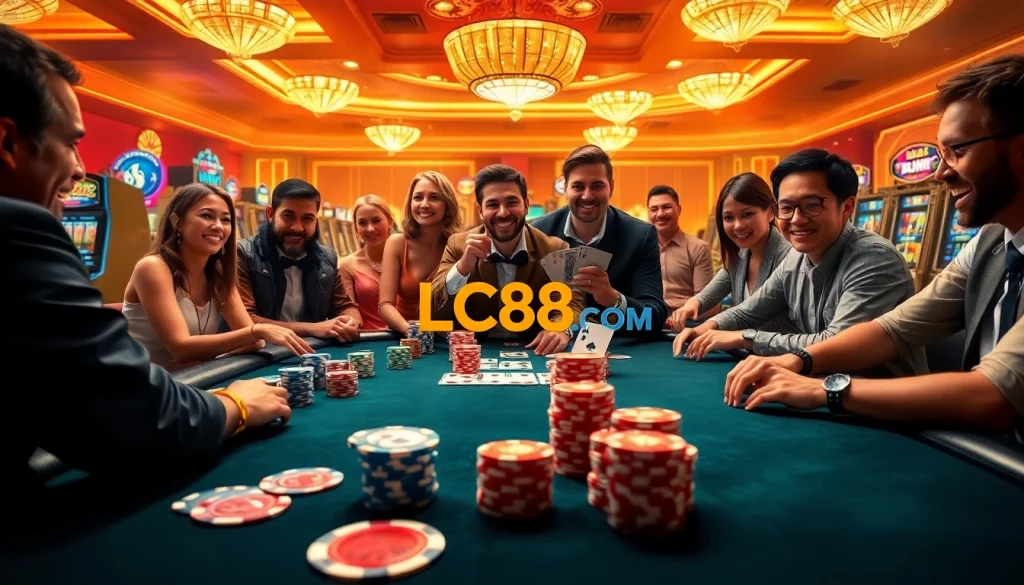 Players enjoying an exciting game at LC88.COM poker table filled with colorful chips and cards.