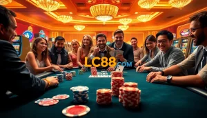 Players enjoying an exciting game at LC88.COM poker table filled with colorful chips and cards.