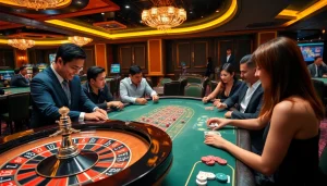 K88 players enjoying an engaging moment at a casino poker table with vibrant chips and cards.