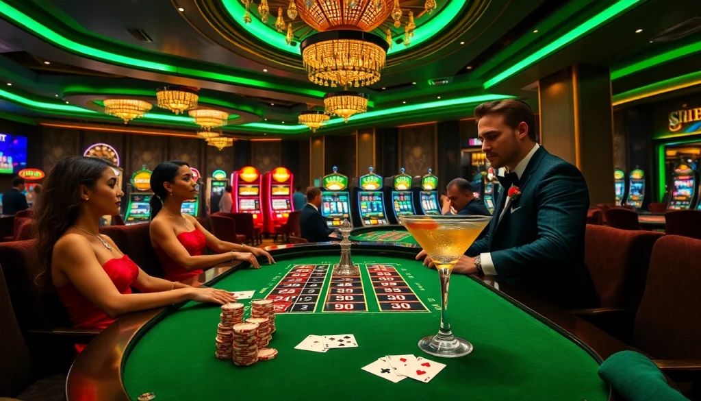 Experience the thrill of gambling at SHBET with vibrant casino visuals featuring roulette and slot machines.