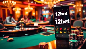 12bet players enjoying a thrilling casino experience with poker chips and roulette.