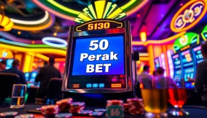 Main kan mesin slot 50 perak yang memikat dengan cahaya cerah dikelilingi pemain bersemangat.