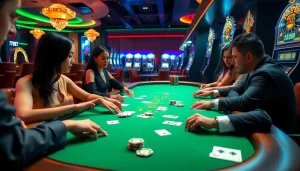 Players enjoying a vibrant 789BET gaming table with engaging dealers and high-end casino elements.