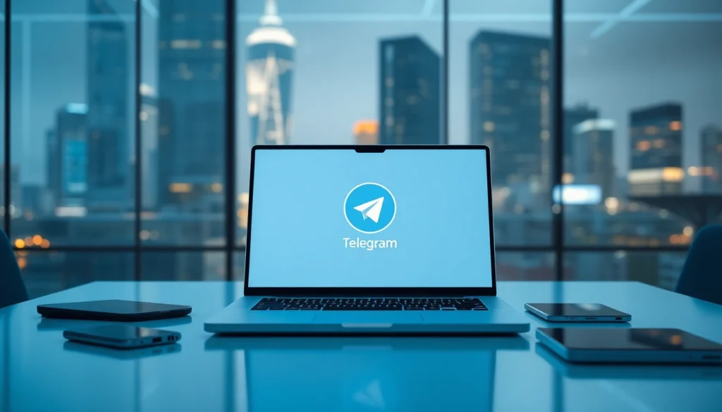 Explore 电报下载 on a modern digital workspace showcasing Telegram's interface and tech gadgets.