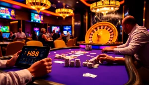 Exciting gaming action at Hi88 with players at the poker table and roulette wheel.