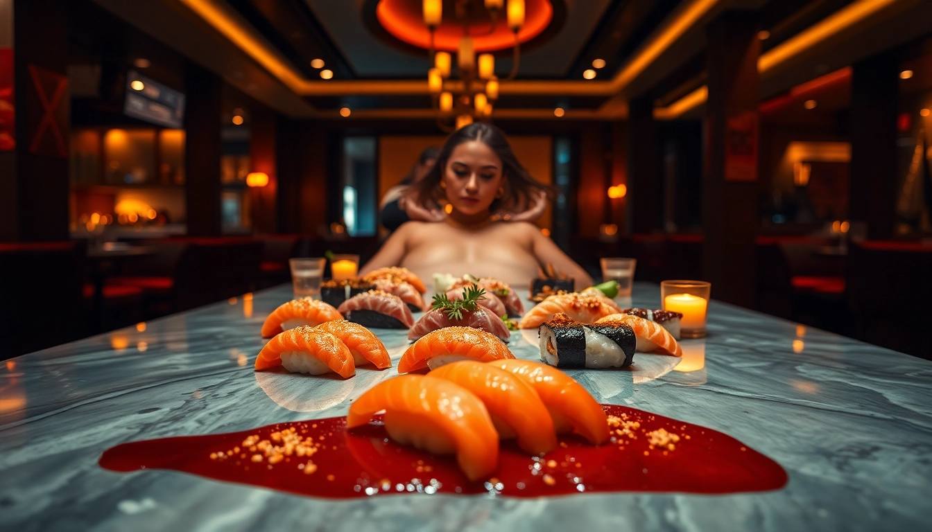 Body sushi elegantly presented on a model's skin in a luxurious dining atmosphere.