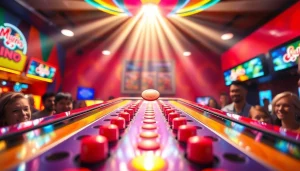 Permainan plinko yang menarik dengan papan warna-warni dan pengunjung di arena permainan.