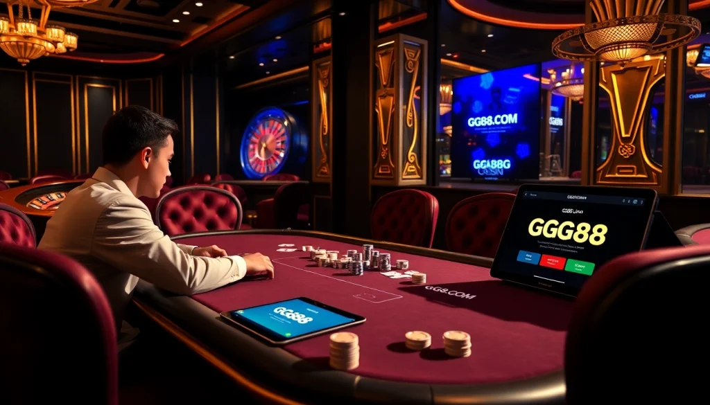 Experience high-stakes gambling thrills with gg88.com at a luxurious poker table.