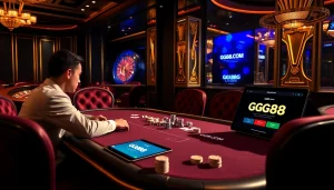Experience high-stakes gambling thrills with gg88.com at a luxurious poker table.