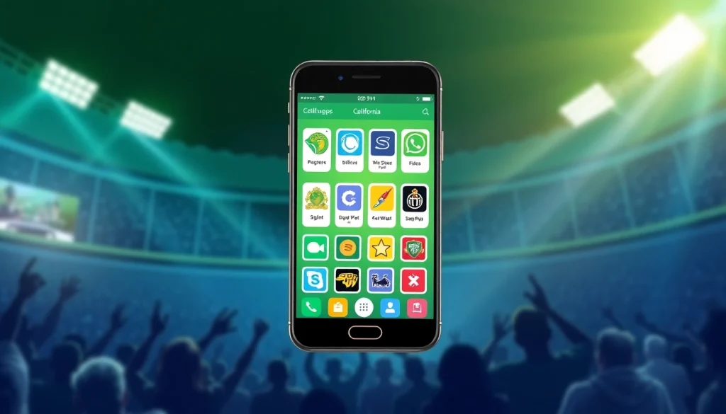 Engaging visual of sports betting apps California displayed on a vibrant smartphone in an energetic sports setting.