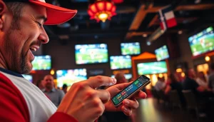 Excited fan engaging with sports betting apps Texas in a lively sports bar setting.