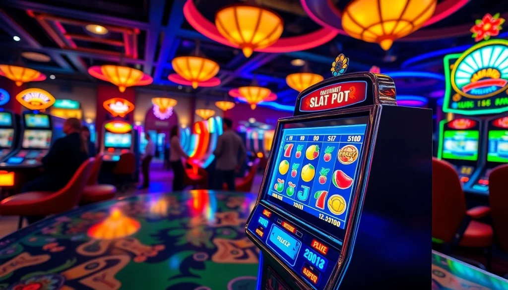Asyiknya bermain slot pulsa dengan mesin slot yang colorful dan pemain antusias.
