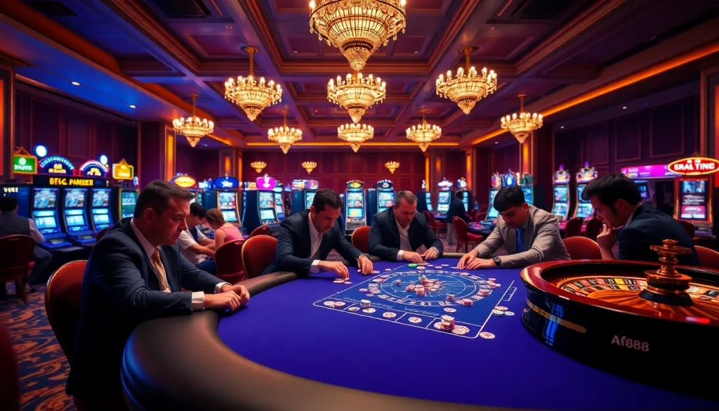Professional poker players engage in a thrilling game at the AF88 casino table, surrounded by neon lights.