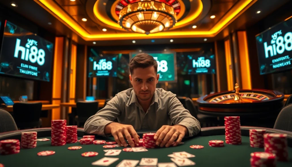 Experience the thrill of high-stakes gambling at Hi88 casino with poker chips and cards.