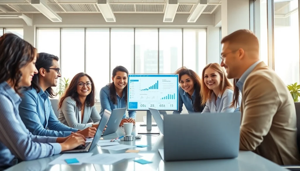 Dynamic collaboration scene showcasing diverse professionals using WPS office下载 in a modern workspace.