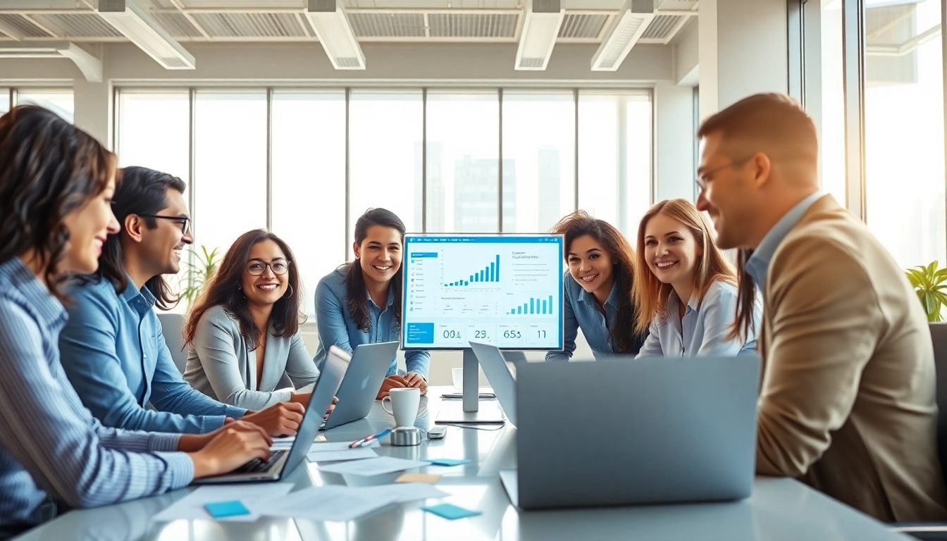 Dynamic collaboration scene showcasing diverse professionals using WPS office下载 in a modern workspace.