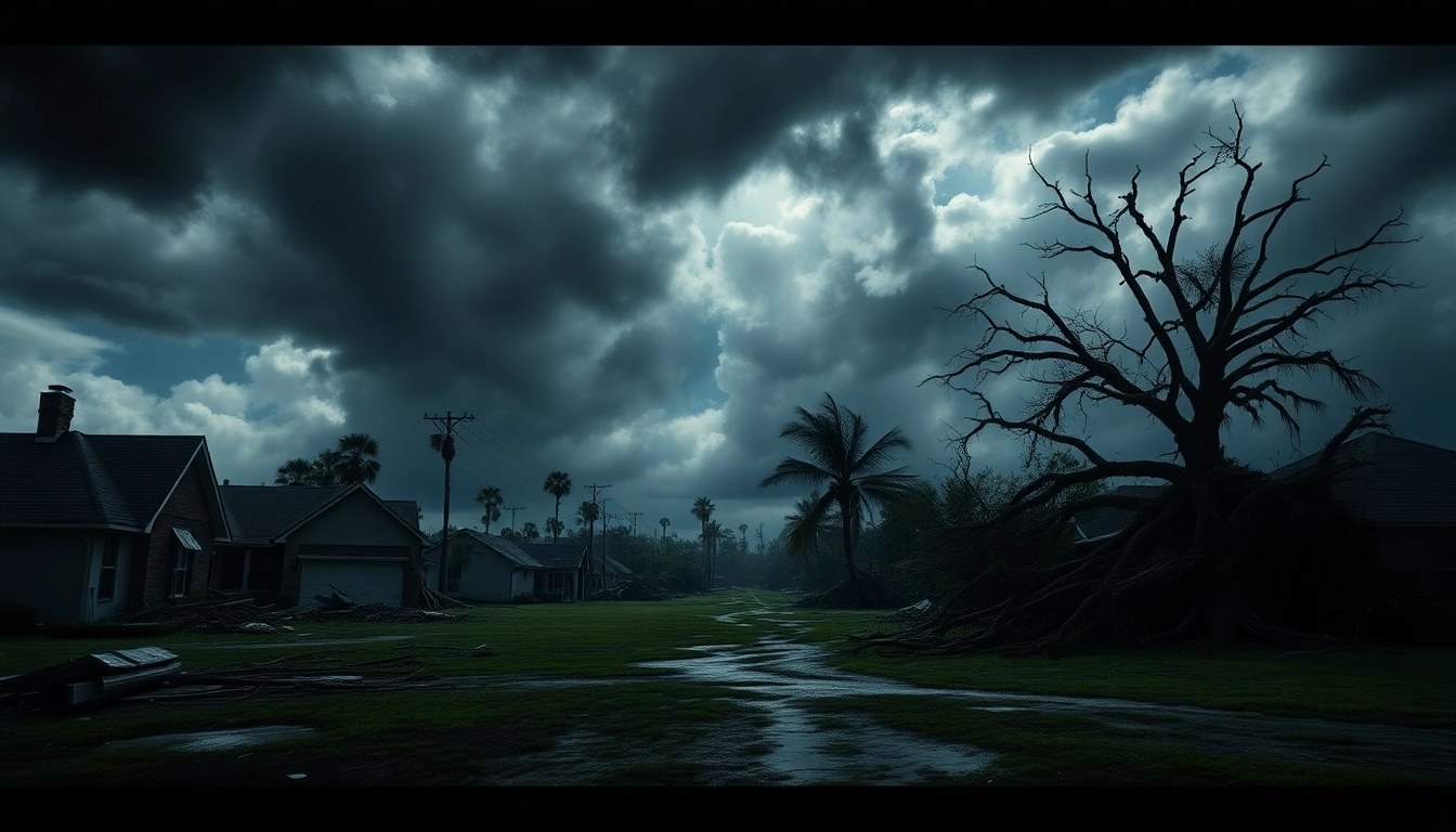 Illustration highlighting severe Florida Hurricane Damage with destroyed homes and uprooted trees.