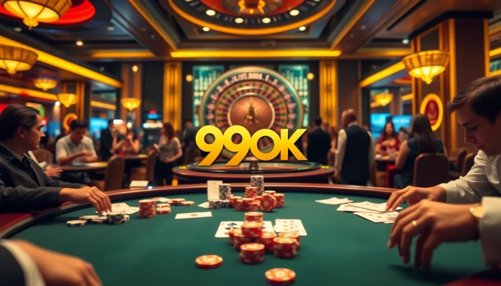 Experience vibrant casino action with 99OK at a poker table full of chips and cards.