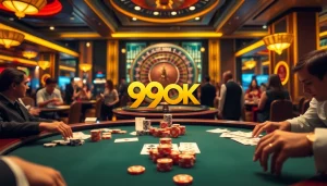Experience vibrant casino action with 99OK at a poker table full of chips and cards.