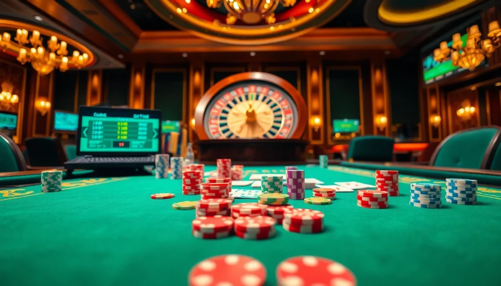 Exciting online gambling scene at trang chủ 789win featuring vibrant poker chips and roulette wheel.