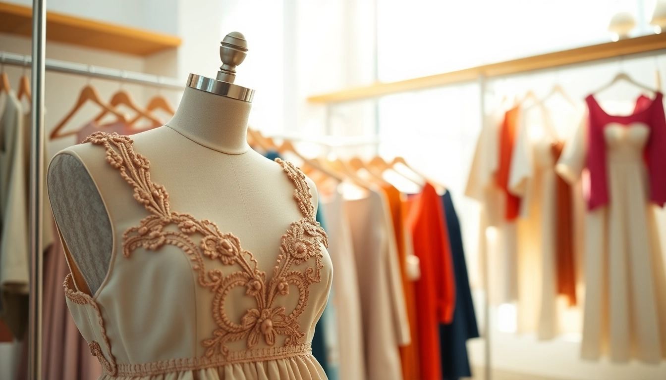 Rivelle showcases elegant fashion pieces in a chic boutique setting.