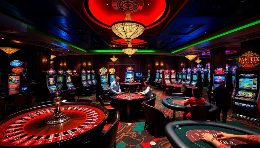 Top nhà cái showcasing dynamic table games, vibrant slot machines, and engaged players.