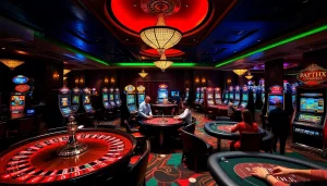 Top nhà cái showcasing dynamic table games, vibrant slot machines, and engaged players.