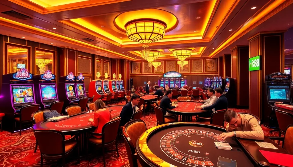 Hi88 casino with vibrant slot machines and engaging players at gaming tables, showcasing a luxurious gambling atmosphere.