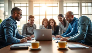 Team collaboration using WPS office下载 in a bright, modern office setting.