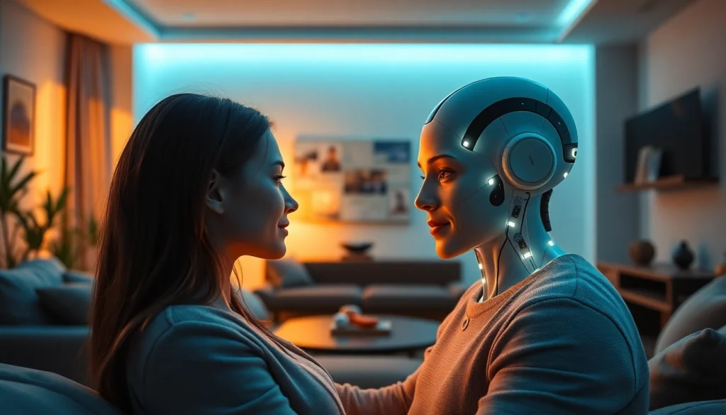 Humanoid AI figure engaging with human in a cozy, modern setting, exploring themes of ai sex.