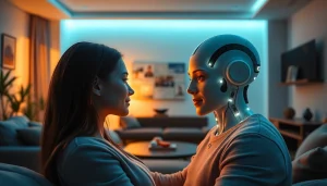 Humanoid AI figure engaging with human in a cozy, modern setting, exploring themes of ai sex.