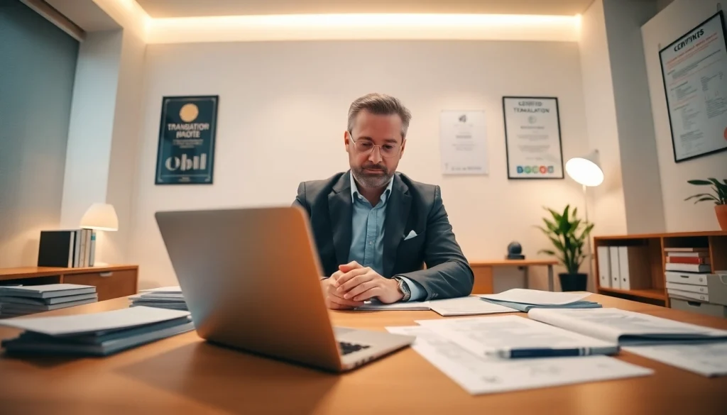 Cadre professionnel d'un traducteur assermenté à Lille traduisant des documents.