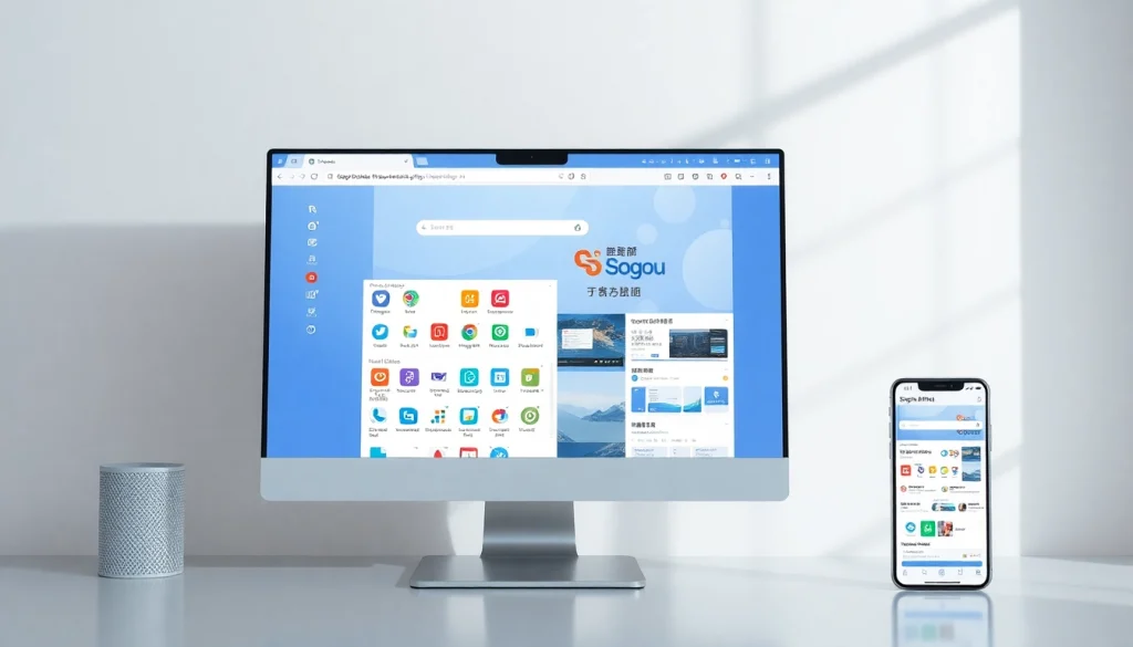 Sogou浏览器下载 featuring dual-device interface highlighting user-friendly features and customization options.