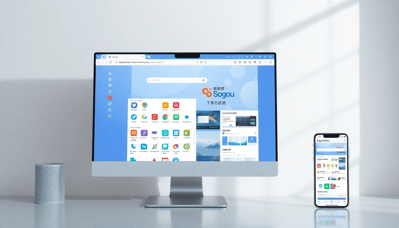 Sogou浏览器下载 featuring dual-device interface highlighting user-friendly features and customization options.