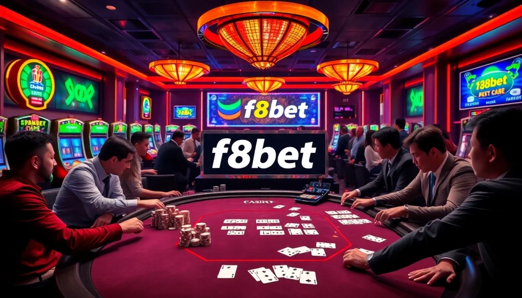 Players enjoying a thrilling casino experience at f8bet, surrounded by poker chips and colorful slot machines.