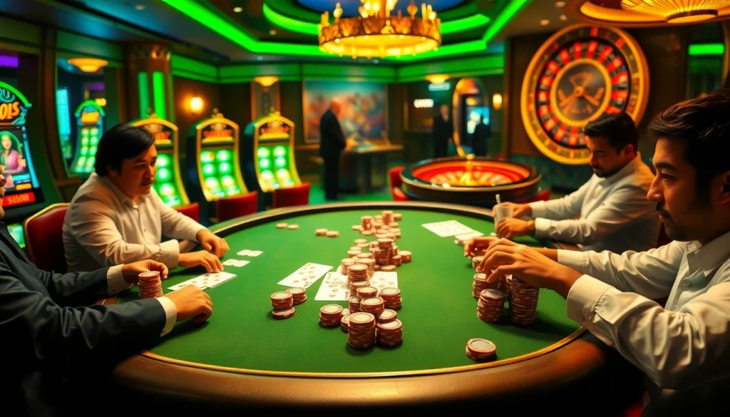 S8 poker table action with colorful chips and strategic bets in an exciting casino atmosphere.