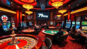 Experience the thrill of betting at 79king with vibrant casino tables and glowing slot machines.