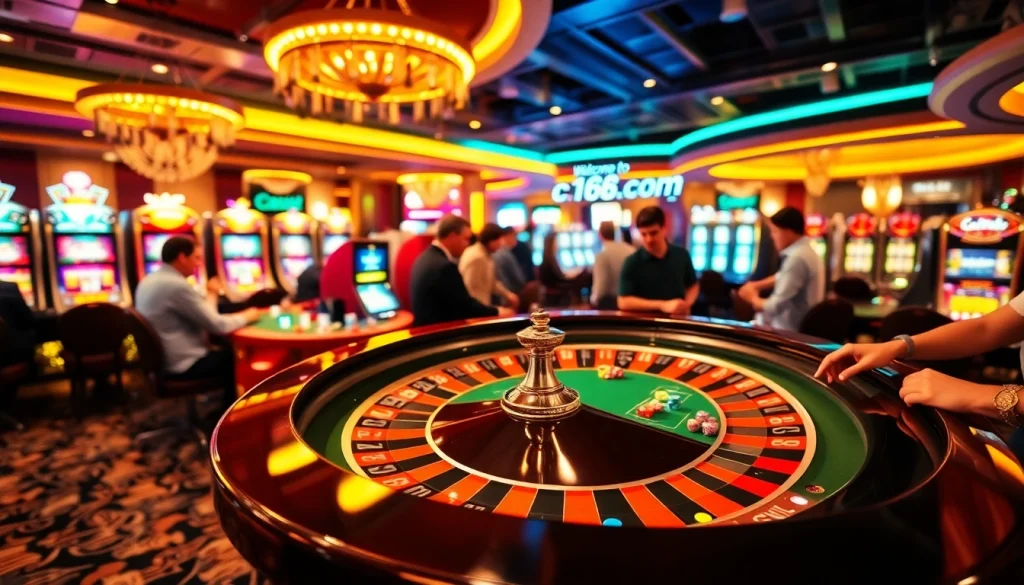 Exciting casino atmosphere at c168.com with players at a roulette table and vibrant slot machines.