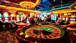 Exciting casino atmosphere at c168.com with players at a roulette table and vibrant slot machines.