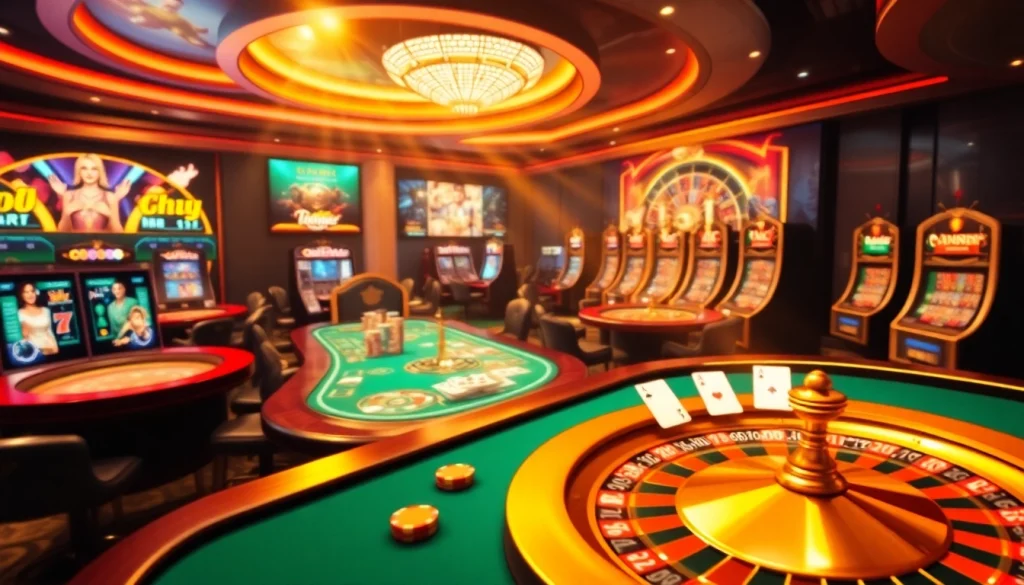 Engaging f8bet trang chủ gaming scene featuring vibrant casino tables, cards, and chips.