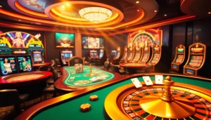 Engaging f8bet trang chủ gaming scene featuring vibrant casino tables, cards, and chips.