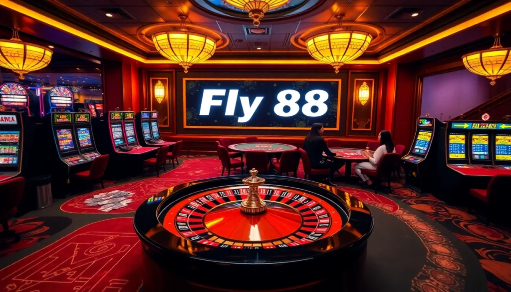 Excited players enjoying Fly 88 casino games at luxurious tables with vibrant slot machines.